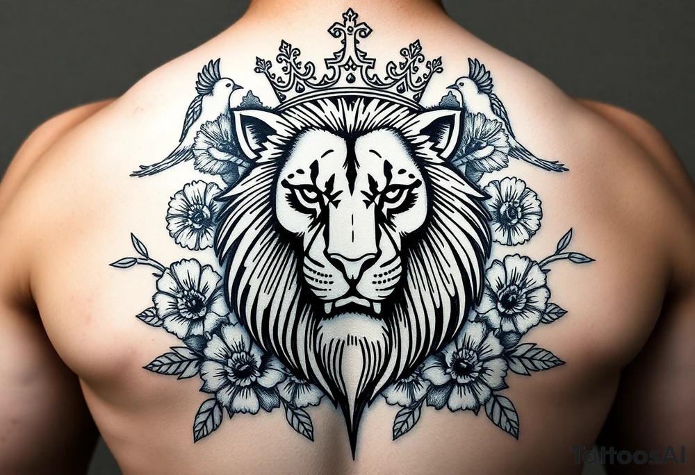powerful majestic lion with a crown, surrounded by floral ornaments and birds tattoo idea