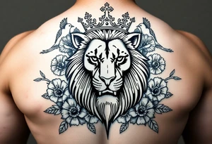 powerful majestic lion with a crown, surrounded by floral ornaments and birds tattoo idea