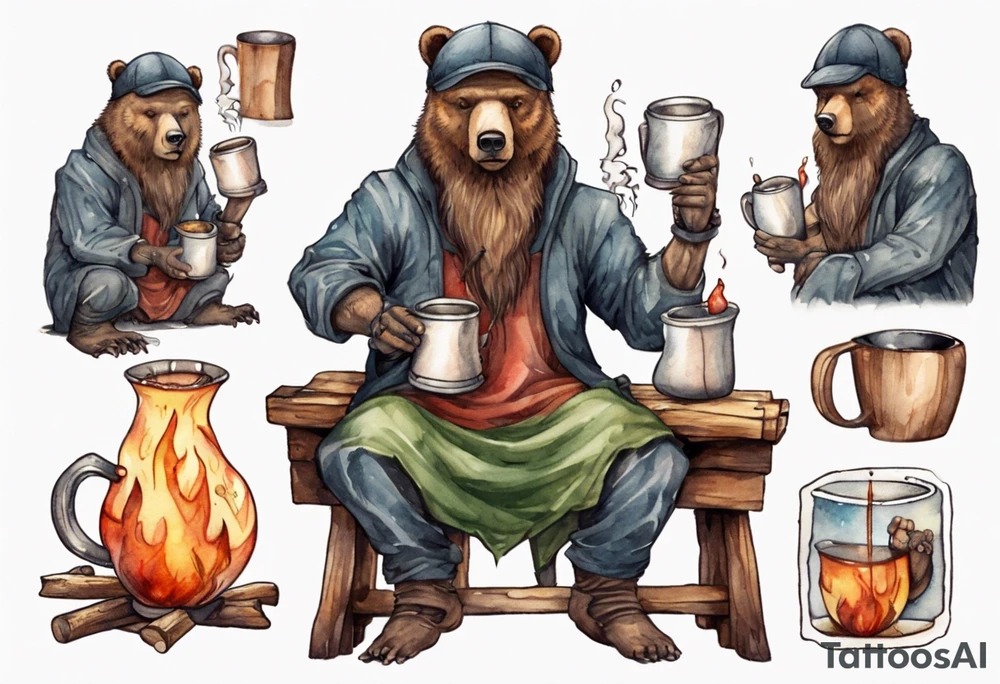 a medieval bear-human hybrid with a long beard wearing a cap, sitting on a stool by the hearth and drinking from a wooden mug tattoo idea