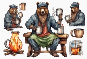a medieval bear-human hybrid with a long beard wearing a cap, sitting on a stool by the hearth and drinking from a wooden mug tattoo idea