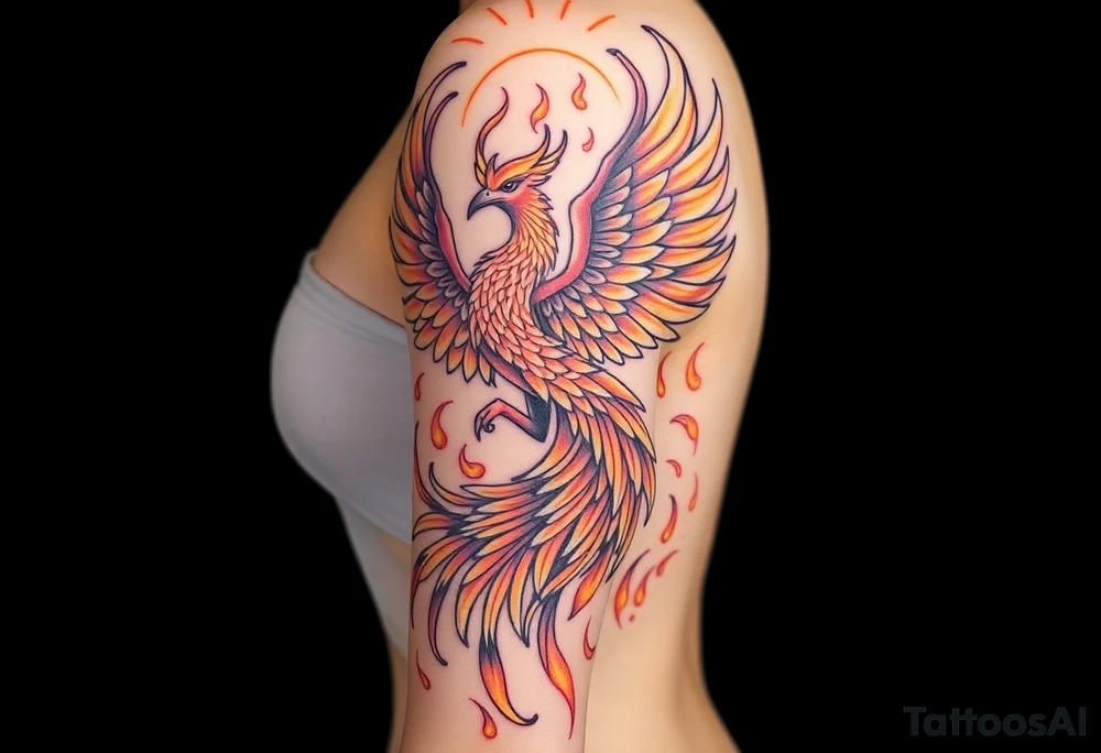magnificent phoenix rising from golden flames with trailing embers tattoo idea