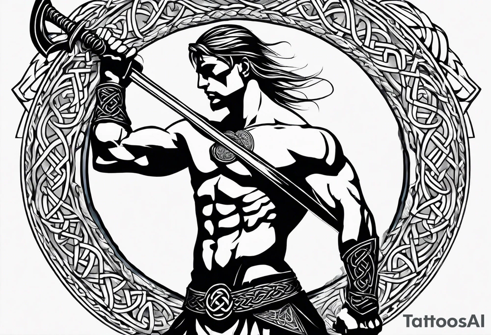 Full body side profile of
Celtic warrior with short hair, a sword in one hand and an axe in the other. tattoo idea