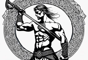 Full body side profile of
Celtic warrior with short hair, a sword in one hand and an axe in the other. tattoo idea