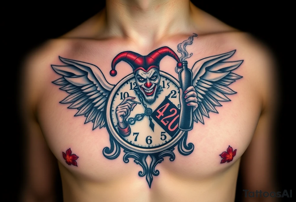 a evil jester clown floating in smoke with a  clock, the time says 420,  with two open wings besides the clock, smoke as the spring rising from the clock, a jester clown coming out the smoke, smoking in one hand with a liquor bottle on the other hand tattoo idea