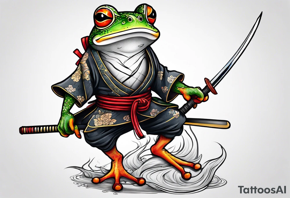 Samurai Frog with Japanese tattoos stand on one leg  with a tattoo needle instead of a sword tattoo idea