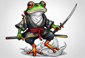 Samurai Frog with Japanese tattoos stand on one leg  with a tattoo needle instead of a sword tattoo idea