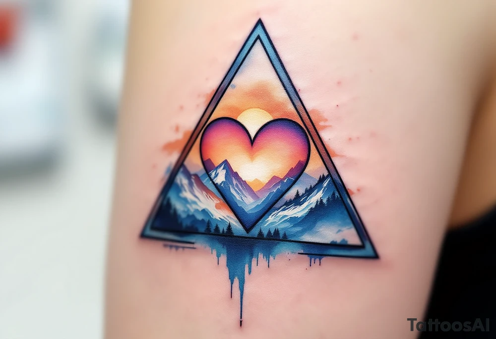 A triangle with a big heart in the cente with a mountain theme tattoo idea