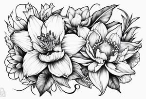 Intertwined daffodil, larkspur, and water lily tattoo idea