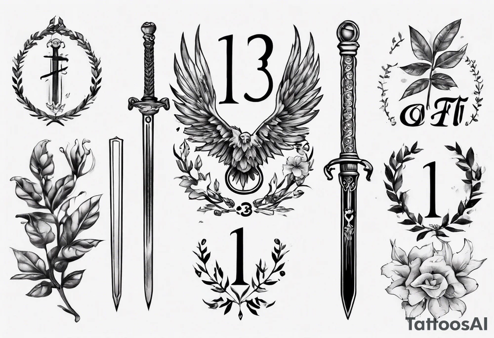 the number 13, a sword, a laurel leaf wreath, and amor fati. tattoo idea