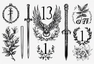 the number 13, a sword, a laurel leaf wreath, and amor fati. tattoo idea