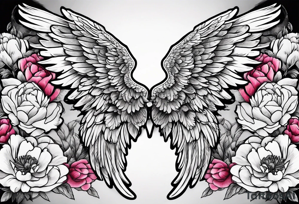beautiful angel wings with colorful peonies. beautiful flilligree in the background tattoo idea