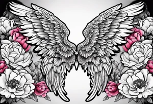 beautiful angel wings with colorful peonies. beautiful flilligree in the background tattoo idea