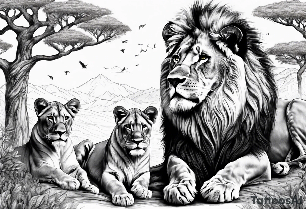 lion in nature with is family a tree tattoo idea