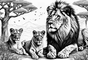 lion in nature with is family a tree tattoo idea