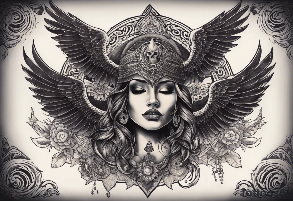 black kali, goddess pirate, alien, angel, pachamama, valkrye, warrior, flying, skull, lotus azul, wing, eagle, zenza resonance, stars, 5D, anahata chakra, death, durga, riding on a tiger, flying lady, kundalini, chest tatoo tattoo idea