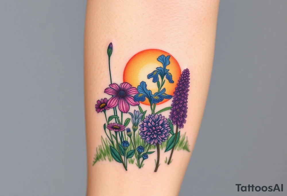 a bunch of cutleaf coneflower, blue flag iris, bee balm, obedient plant, purple coneflower on a hill with grass with a beautiful sunset tattoo idea