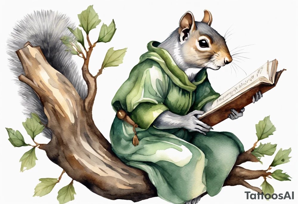 a solitary female grey squirrel dressed in a grey and green tunic sitting on a tree branch reading an ancient tome tattoo idea