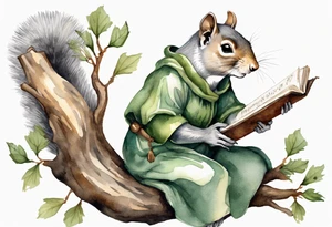 a solitary female grey squirrel dressed in a grey and green tunic sitting on a tree branch reading an ancient tome tattoo idea
