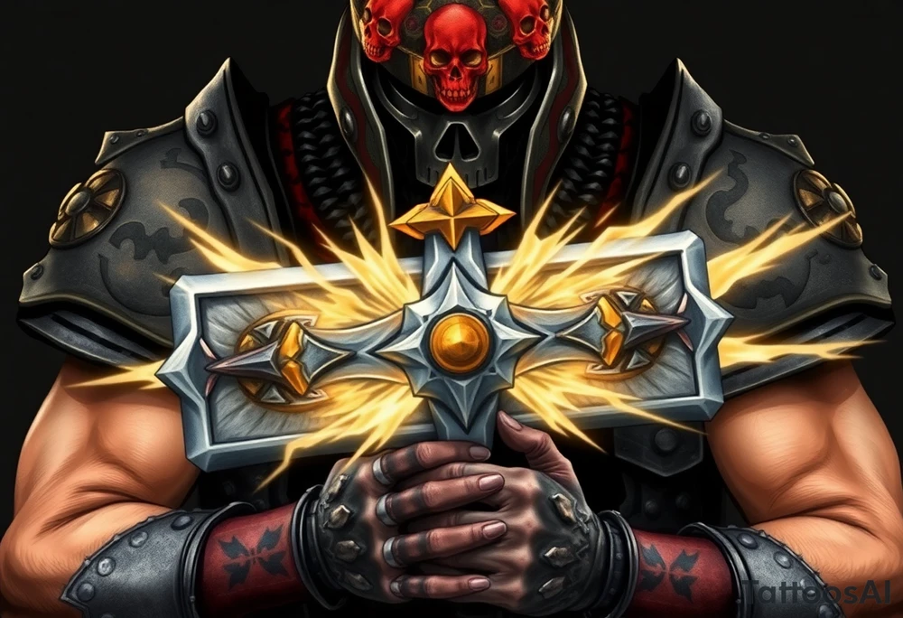 Warhammer, the Old World. A warrior priest of Sigmar holding The Warhammer of Sigmar. The Warhammer of Sigmar is radiating thunderous energy. The Warhammer is held by the warrior priest with both hands upon his chest level. The Warrior priest is wearing dark alloyed heavy armour (reference armor from warhammer vermintide 2 Victor Saltzpyres, the warrior priest of Sigmar class) with skull sigils on his shoulder pads. The warrior priest is wearing a helmet, while the helmets front visor has an humanoid face covering. The helmet and armour are gladened with hints of gold and crimson red. The Warhammer is silverish and golden with a long handle tattoo idea