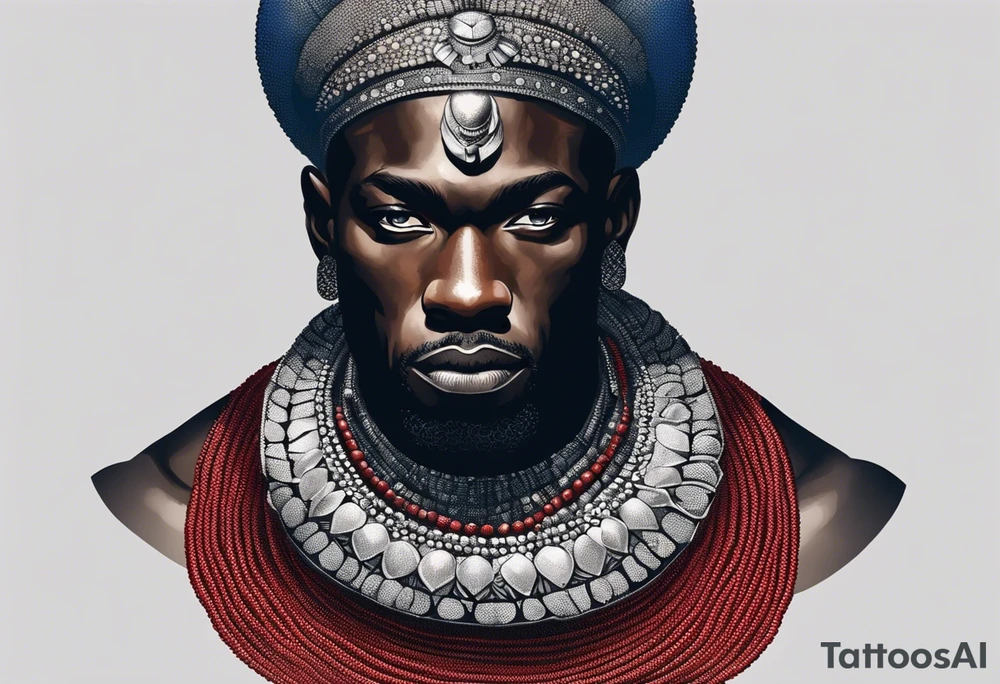 Black-skinned bald african warrior. He wears a simple and small silver crown. He uses two simple necklaces: one blue, other red. tattoo idea