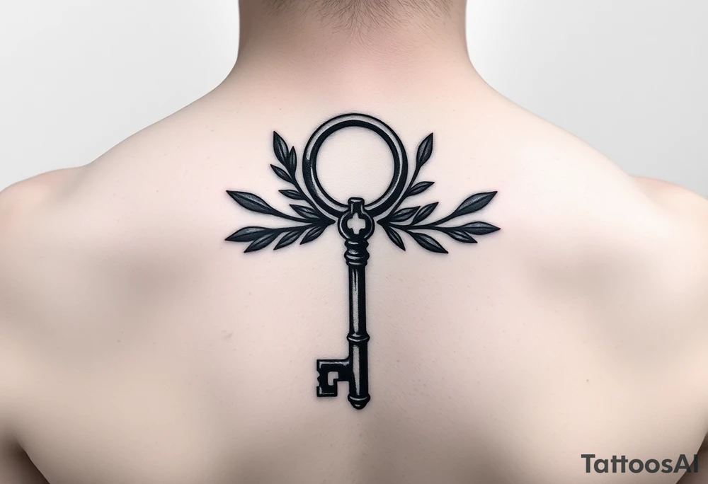 A metal key with olive branches around it tattoo idea