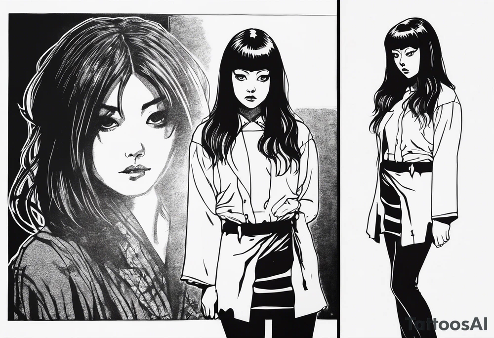 portrait of tomie standing up a character by the horror manga author junji ito full body standing murderously. add more horror and gore elements tattoo idea