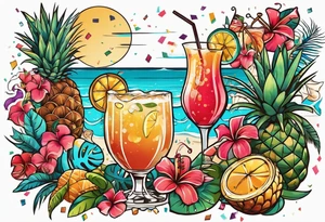 vintage beach dance party with music and confetti, tropical drinks tattoo idea