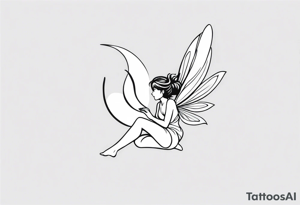 Minimalistic, monochromatic fairy with a tail flying to the left in a fetal position, leaning and looking in the same direction, with visible hands, embodying the 'Fairy Tail' logo aesthetic. tattoo idea