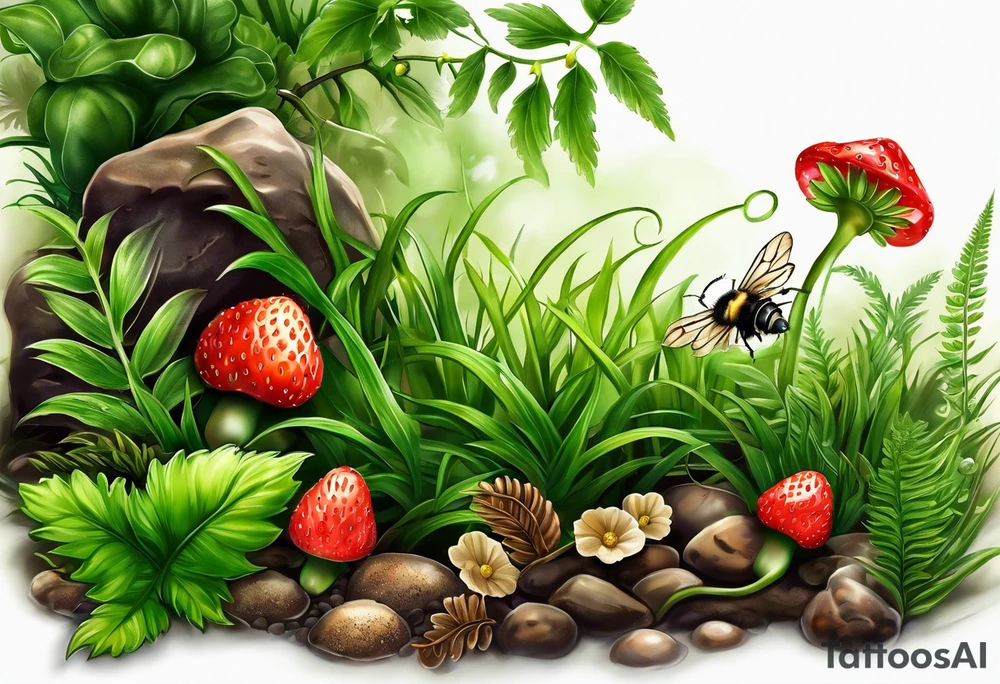 forest floor inspired realistic tattoo, which includes grass, curly ferns and dead leaves as the bulk of the tattoo. details to include: three very tiny strawberries, a tiny bumblebee flying nearby, three small brown mushrooms tattoo idea