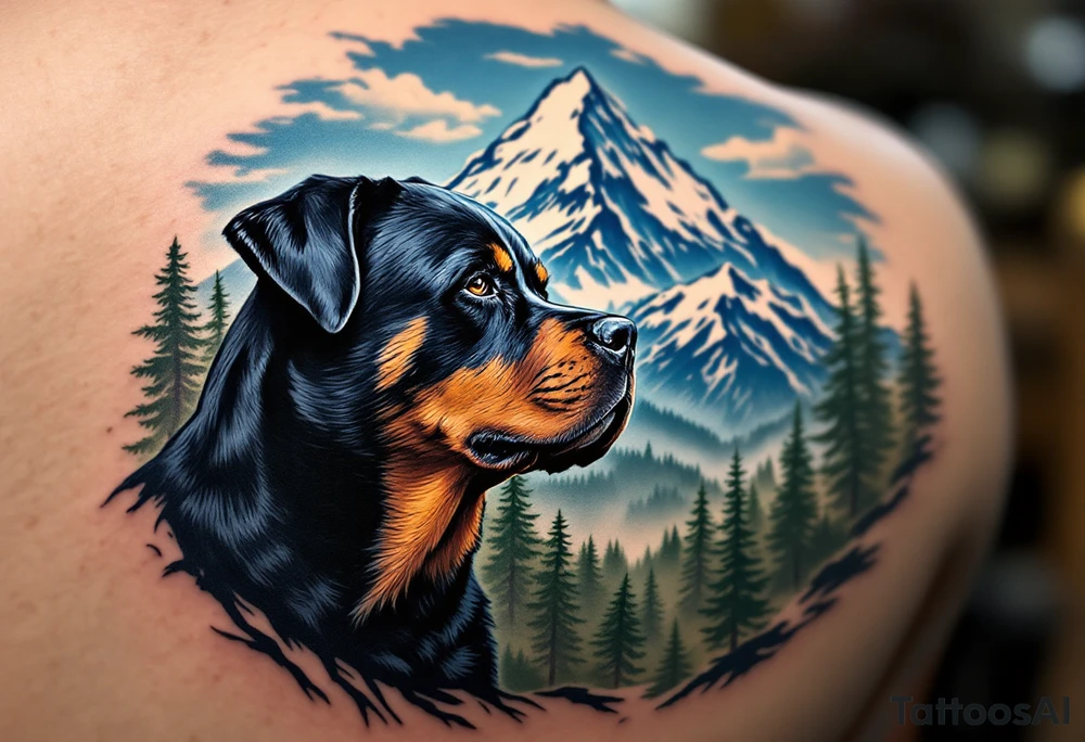 Majestic Rottweiler with Mountain Scenery – A proud Rottweiler gazing over mountain peaks and pine trees. Earth-toned fur, background in natural blues and greens. tattoo idea