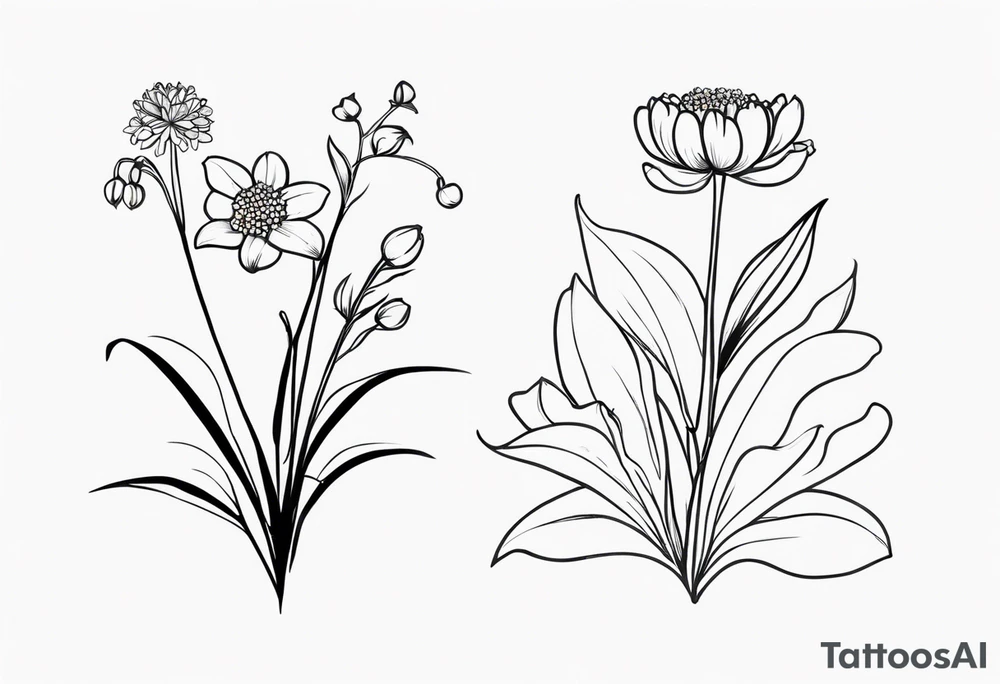 Lily of the valley. Marigold, chrysanthemum, and lily for thigh tattoo vertically tattoo idea