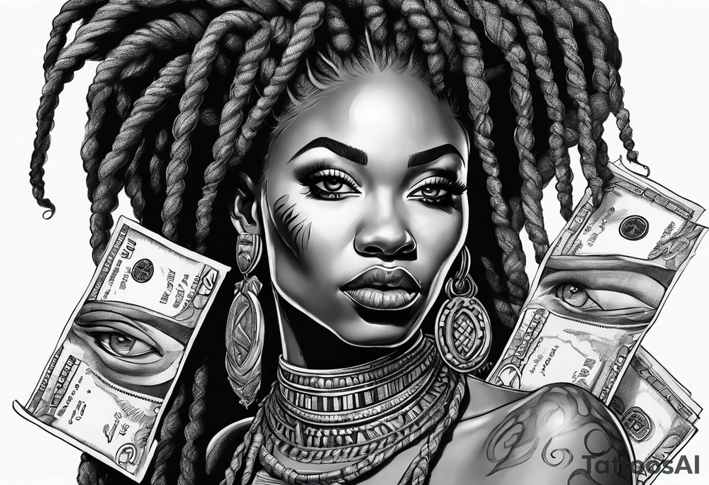 African woman with dreads medusa biting money tattoo idea