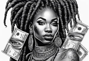 African woman with dreads medusa biting money tattoo idea