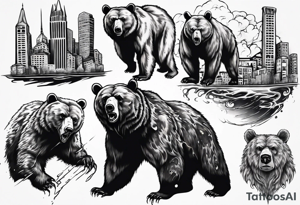 Serious bear coming up behind a city tattoo idea