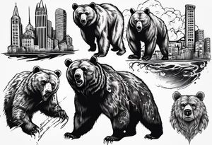 Serious bear coming up behind a city tattoo idea