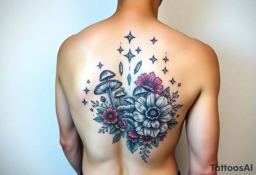 Could you possible make me a cool nature tattoo with mushrooms crystals  flowers mandala boho but colorful and psychedelic colorful too that would wrap from front of hip around side to mid back to cover an existing one I have incorporating the stars I have already and only covering some going with shape of curves of female body wrapping from front of hip around side to back tattoo idea