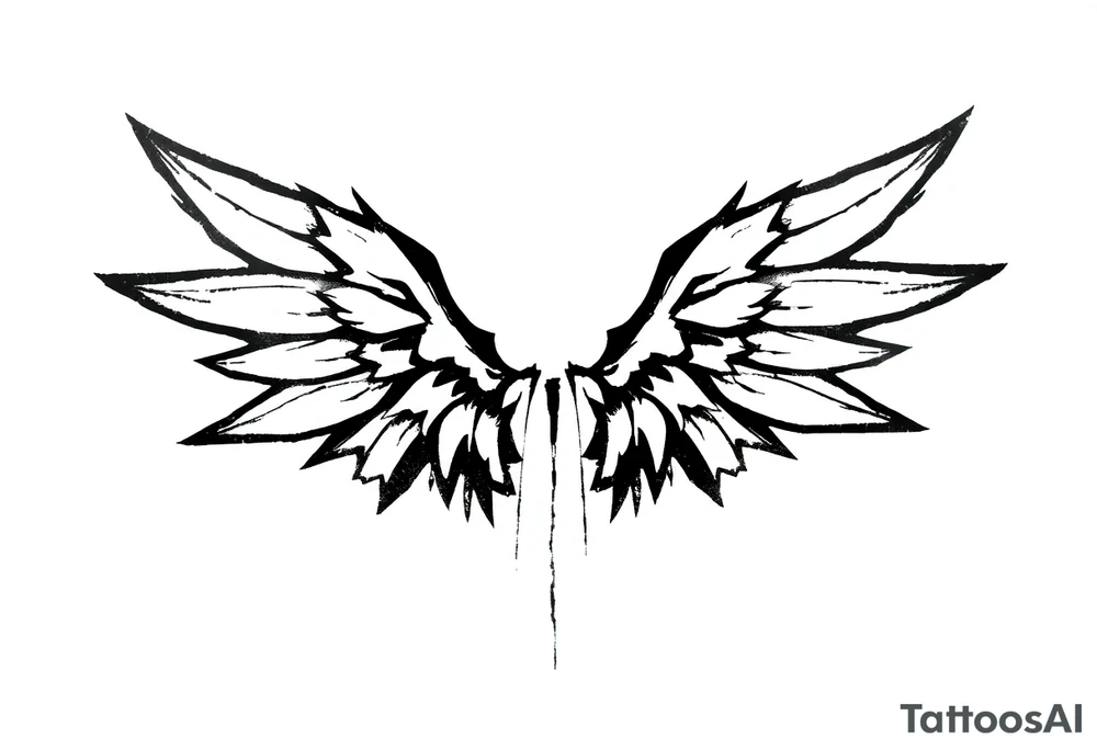 This tattoo design features a pair of stylized wings drawn in black ink with a sketch-like, abstract aesthetic. The wings are composed of sharp, angular feathers with jagged edges, giving them a rough, almost tribal or gothic appearance. The shading is done with a mix of soft gradients and stippling, adding depth and texture to the design. The center where the wings meet is fragmented, with thin lines extending downward, creating a sense of movement and raw energy. This design would make for a bold and edgy tattoo, symbolizing freedom, strength, or a rebellious spirit. tattoo idea