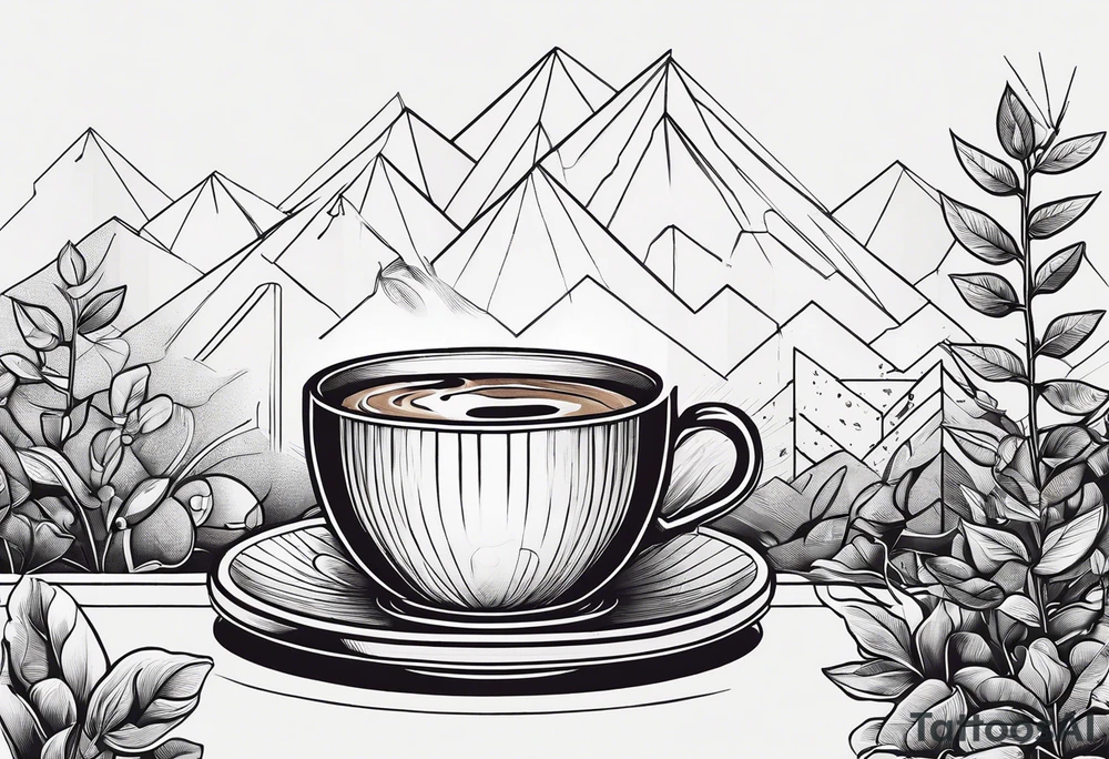 The story of coffee from plant to cup. Thin lines and geometric shapes. tattoo idea