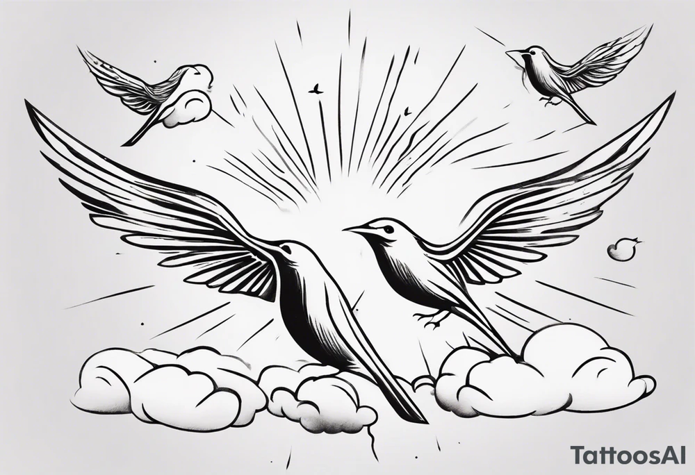 a shoulder tattoo with rays of light, clouds and birds flying free tattoo idea