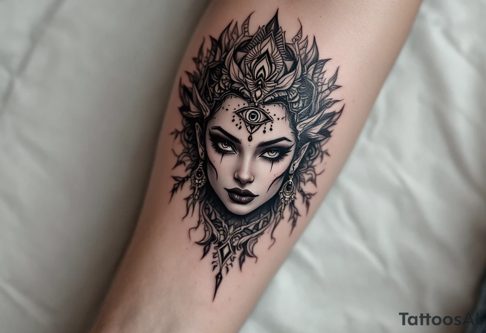 beautiful woman dmt deity with 3rd eye open tattoo idea