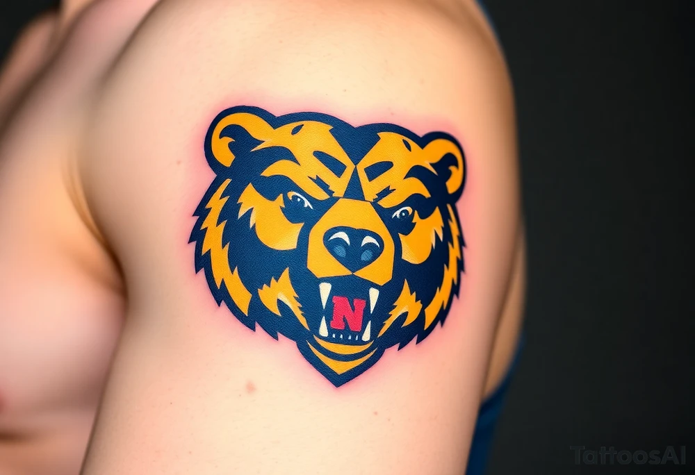 University of Northern Colorado bear mascot  head with Navy blue and yellow with UNC gothic lettering Above head tattoo idea