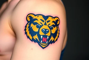 University of Northern Colorado bear mascot  head with Navy blue and yellow with UNC gothic lettering Above head tattoo idea