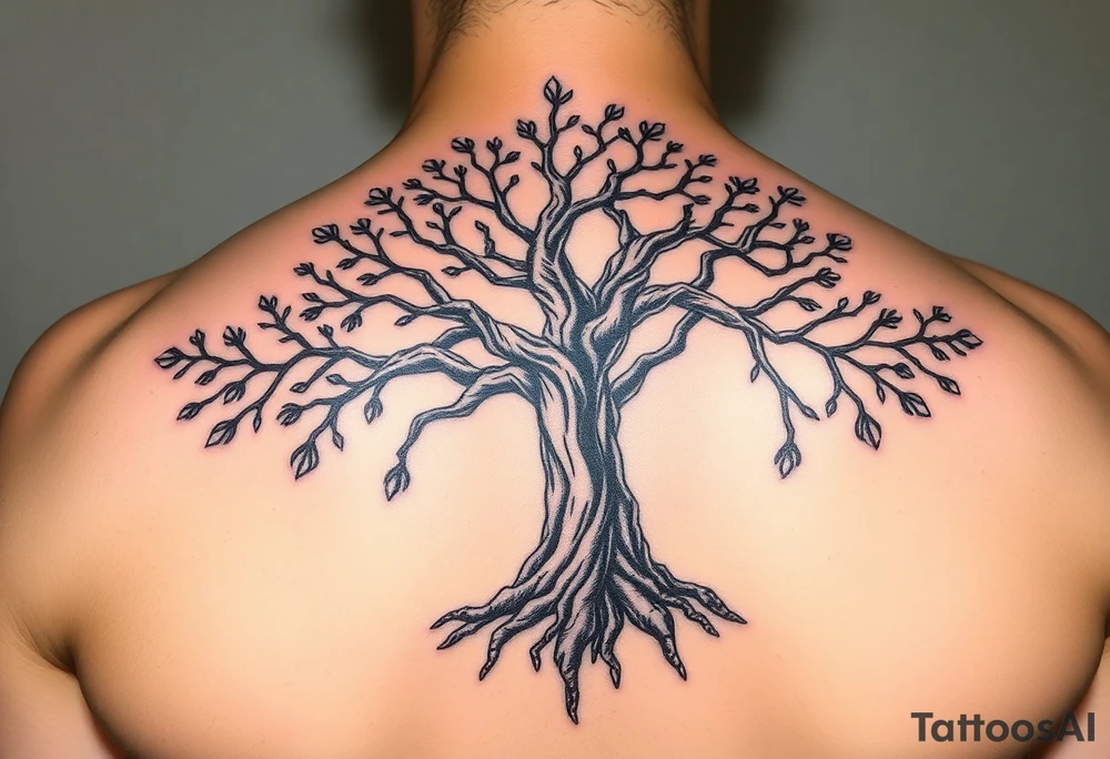 extravagant sacred nnative tree of life who roots rdrive deep into mother eart who has a faceless sillowet of grandmother tattoo idea