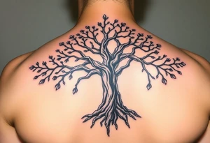 extravagant sacred nnative tree of life who roots rdrive deep into mother eart who has a faceless sillowet of grandmother tattoo idea