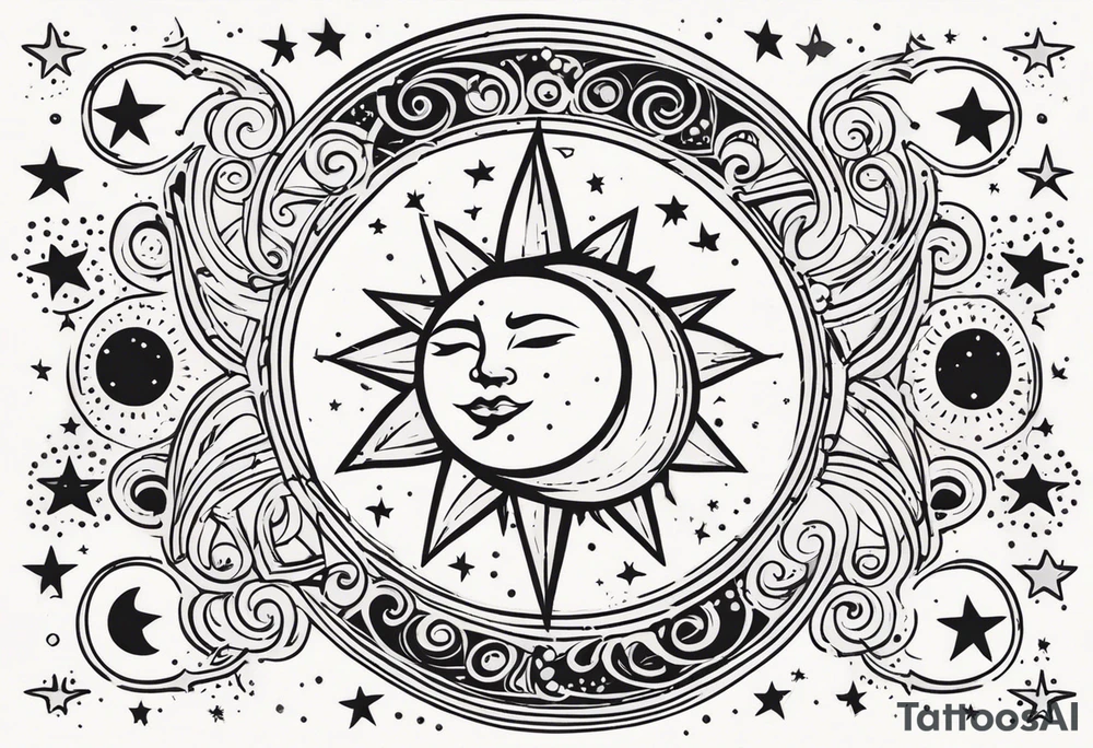 Western sun stars and moon. Mirrored with swirls and dots and stars tattoo idea
