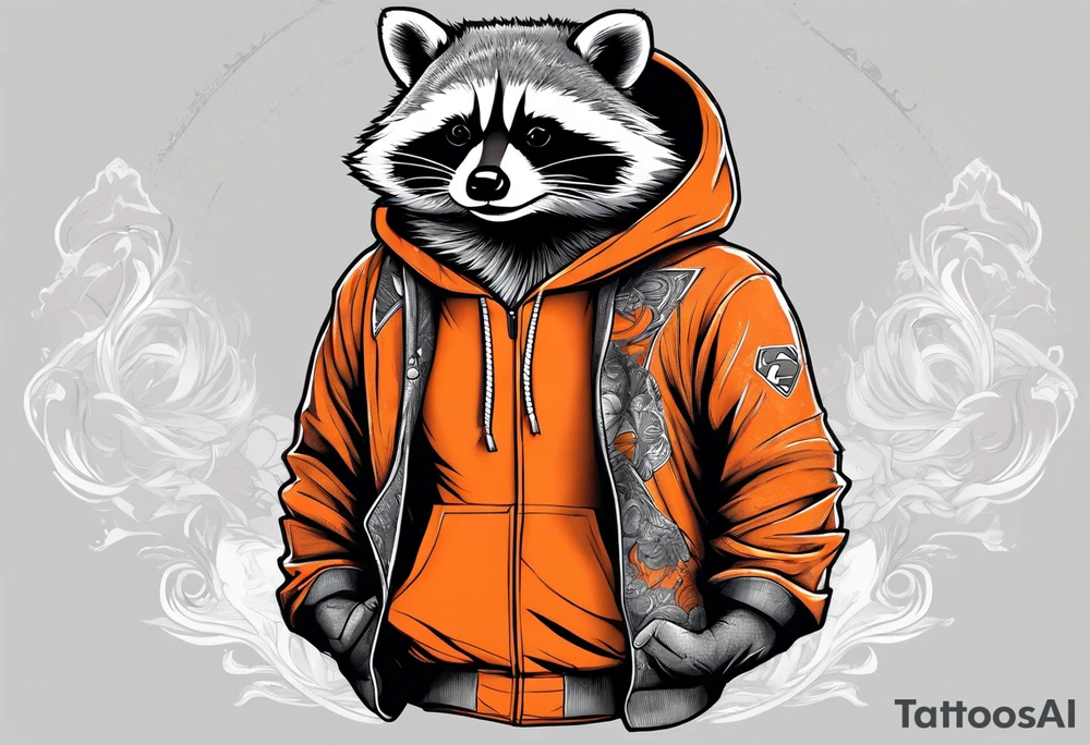 Raccoon wearing an orange Superman hoodie tattoo idea