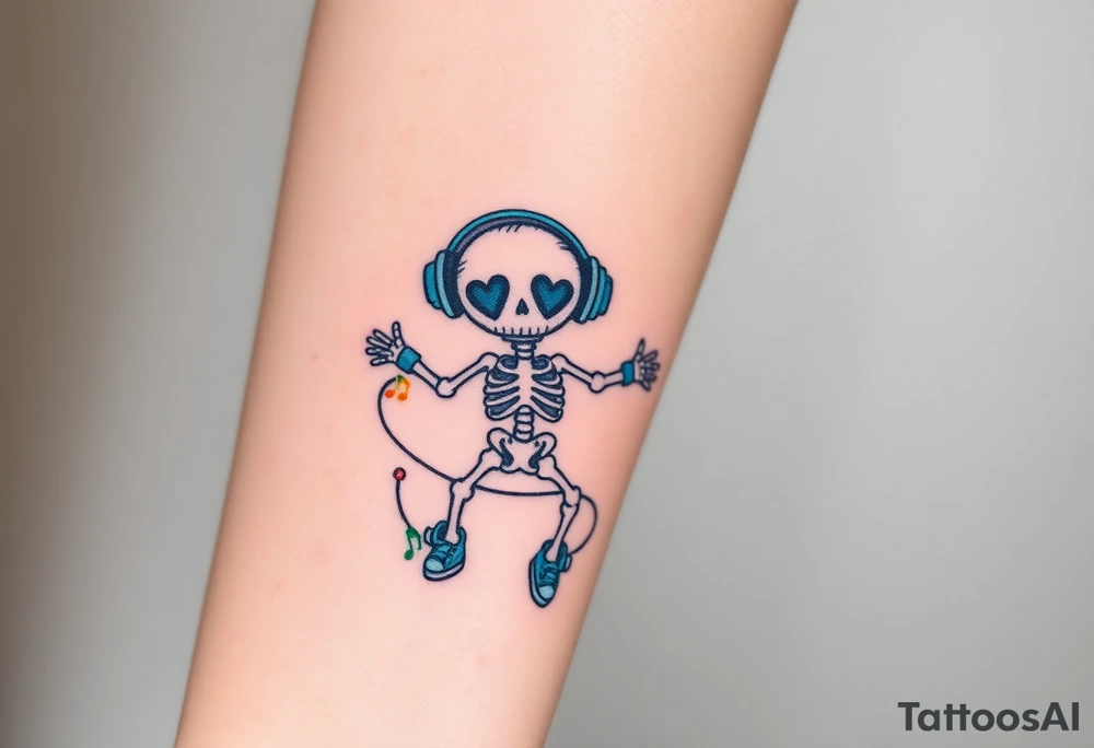 Cute smiley skeleton with heart shape eyes  jumping on a jump rope with both hands blue headphones blue armbands blue sneakers and colorful  music notes around his head tattoo idea