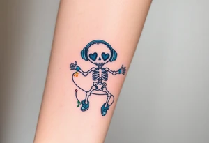 Cute smiley skeleton with heart shape eyes  jumping on a jump rope with both hands blue headphones blue armbands blue sneakers and colorful  music notes around his head tattoo idea