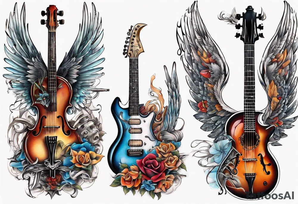 CROSSEED GUITAR AND VIOLIN WITH WINGS tattoo idea