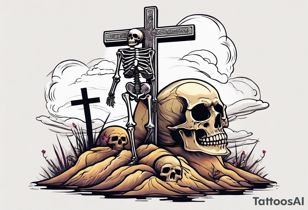 skeleton walking with a cross in a dessert tattoo idea